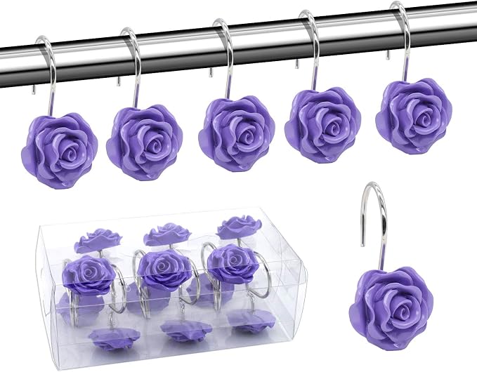 BEAVO Shower Curtain Hooks, Home Decorative Rustproof Shower Curtain Hooks Resin Rose Flower Shower Hooks Rings for Bathroom Shower Rods Curtains,Set of 12 Hooks (Purple) | Purple Flower Shower Curtain Ring - Stainless Steel Shower Ring Hook with Resin...