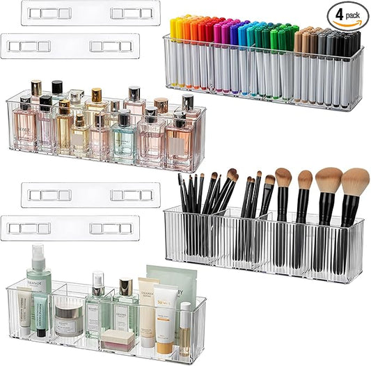 4 Pack Wall Mount Makeup Organizer, Adhesive Bathroom Shelves | 14" Long Narrow Cabinet Door Organizer with 3 Compartments, No Drilling Shower Floating Shelf for Bathroom Office