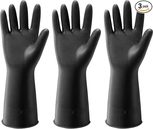 ThxToms Dishwashing Rubber Gloves, Reusable Latex, Medium, Black, 3 Pairs | Cleaning Gloves for Housework Kitchen Bathroom, Durable Flexible & Anti-slip, Smooth Lining, Easy On & Off