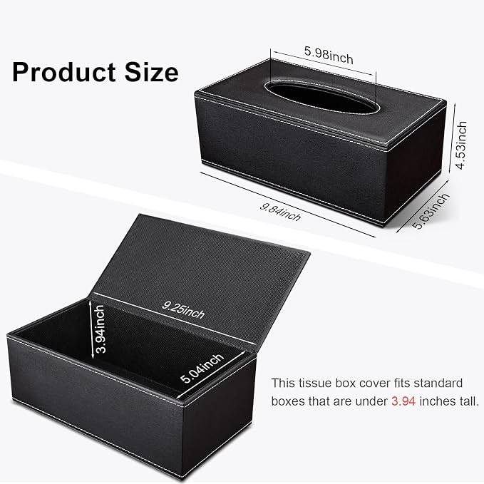 Tissue Box Cover Rectangular, PU Leather Tissue Box Holder for Kleenex, Napkin, Tissue Box Cover Rectangle, Tissue Holder for Bathroom Car Home Decorative 9.84"X5.63"X4.53" - Black