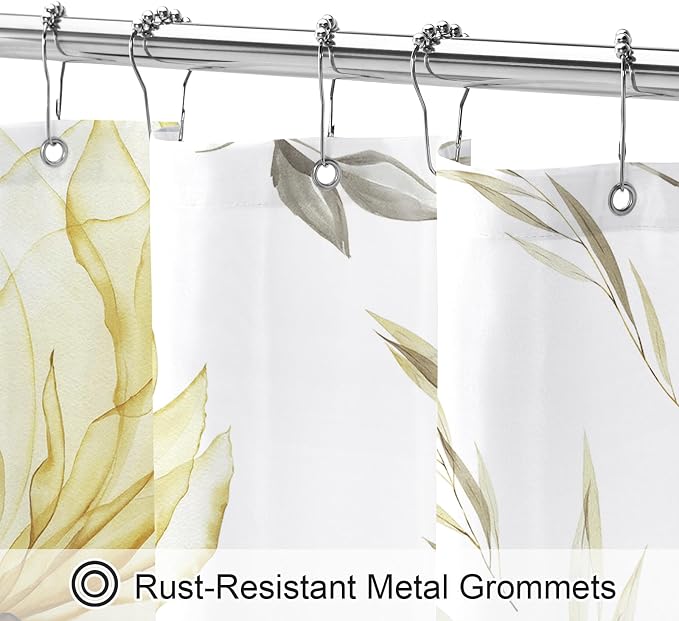 Litabel Yellow Boho Watercolor Floral Shower Curtain, Ink Painting Style Blossom & Leaf Shower Curtains for Chic Elegant Bathroom, Artistic Fabric Cloth Modern Flower Shower Curtain, 72x72