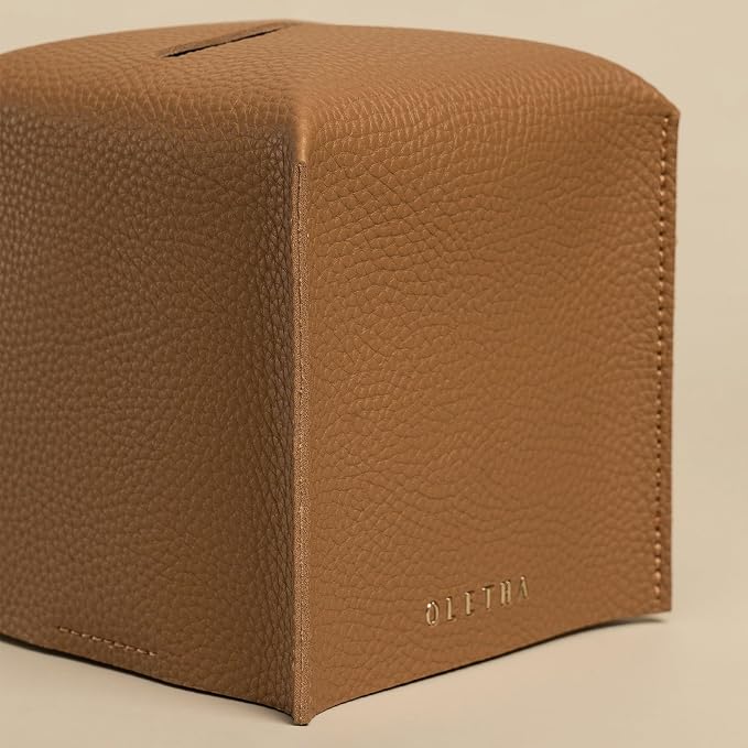 OLETHA Square Tissue Box Cover, Aesthetic Desk Decor, Pale Brown, 2 Pack | Faux leather tissue box holder for room, home, office; fits Kleenex & Puffs cube boxes; velcro base; easy swap; wipes clean