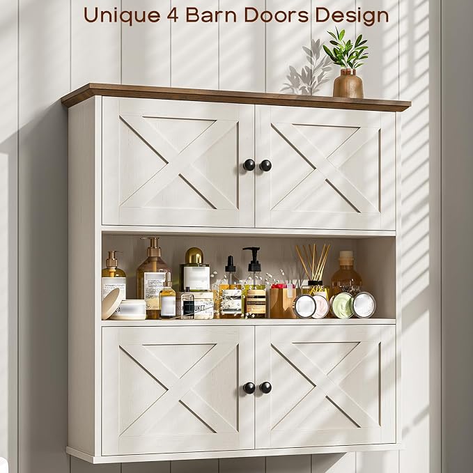 Vabches Bathroom Wall Cabinet, Farmhouse Medicine Cabinet with 4 Barn Doors, Large Wooden Vintage Storage Cabinet Wall Mounted for Bathroom, Kitchen, Rustic White