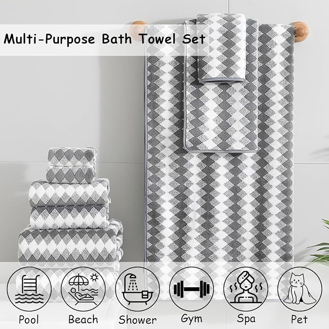 12 Pcs Gray White Diamond Towel Set-4 Bath Towels,4 Hand Towels,4 Washcloths Soft Polyester Towels with Loop Absorbent Shower Towel Quick Dry Beach Chair Towel Family Towels for Bathroom Spa Gym Pool