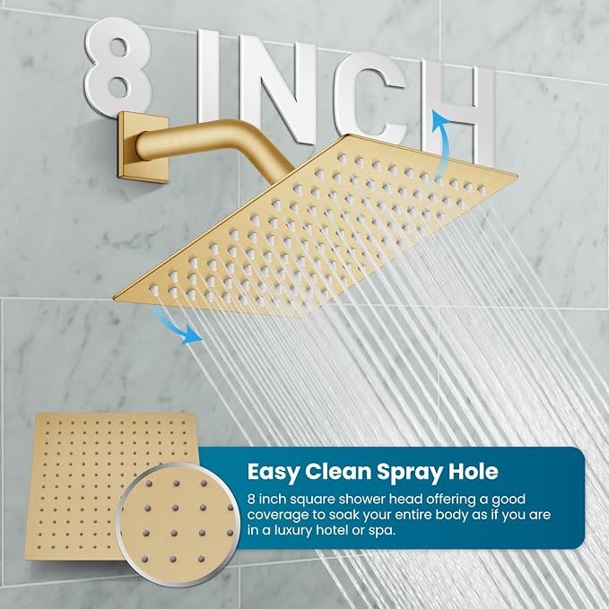 gotonovo Shower Faucet Set with Handheld Spray Brushed Gold,8'' Head | SUS304 Rainfall Shower Head and Handle Set System Fixture,Pressure Balance Valve Trim Kit,Single Handle,Wall Mount,All Metal