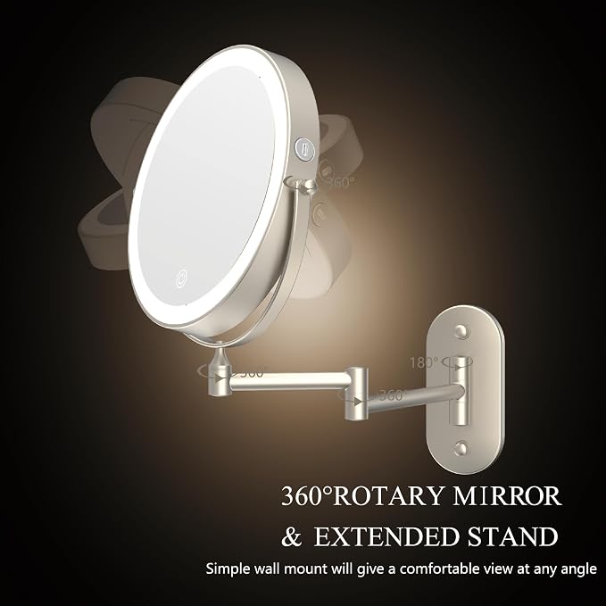 8" Wall Mounted Makeup Mirror,Oval Base, 10X, Brushed Nickel | Rechargeable Lighted Makeup Vanity Mirror,Double Sided Dimmable,Magnifying,3 Color Lighting,360 Rotation Shaving,Women Gift