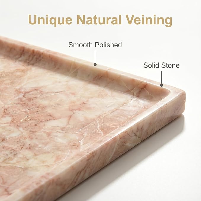 Pink Marble Tray for Vanity, Slim Natural Stone Decorative Tray for Bathroom, Perfume Organizer, Jewelry Dish, Kitchen & Entryway Countertop Decor, Small Rectangle Tray