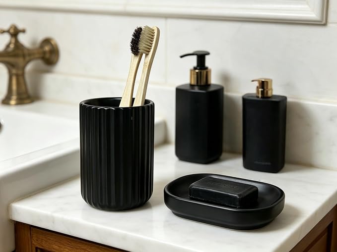 Stoneware Toothbrush Holder for Bathroom Tooth Brush Holder for Bathroom Toothbrush Cup Toothbrush Holders Cute Fluted Vertical Ribbed Stripe (Matte Black)