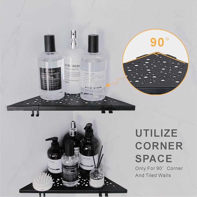 WELLUP Shower Shelf with 4 Hooks,10" Matte Black Corner Shower Shelf 2 Pack | 304 Stainless Steel Corner Shelf Recessed, Shower Corner Shelf for Tile Wall,Holds 15 lbs,Hollowed Drainage,Easy Install