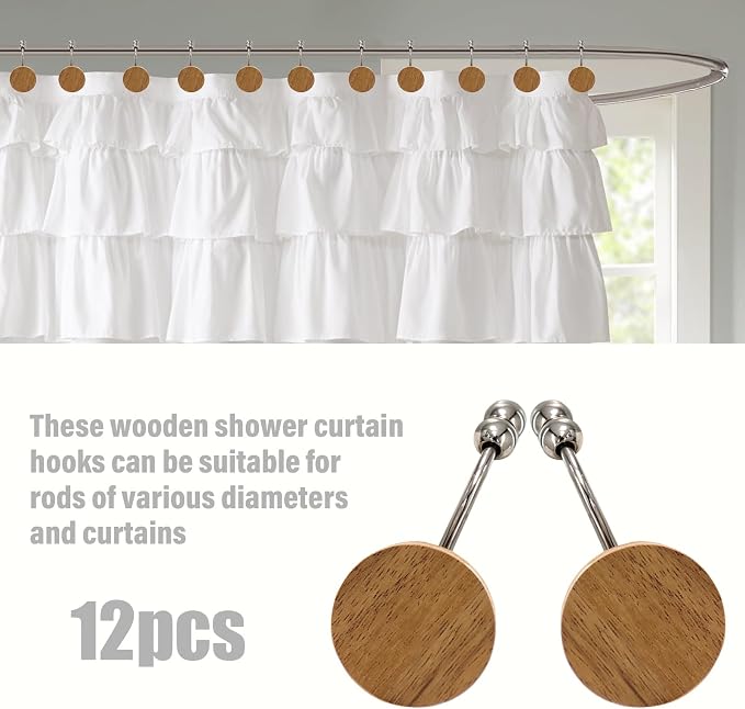 Wood Shower Curtain Hooks, Wooden Decorative Shower Curtain Rings, Modern Round Log Shower Curtain Hangers, 12PCS Shower Hooks for Shower Curtain Rod, Bathroom, Bedroom, Living Room (Silvery)