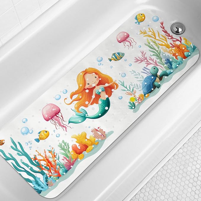 LNOND Bath Mat for Tub for Kids, Toddler Bathtub mat Non Slip, Sea Mermaids Kids Bath Mats for Bathroom Non Slip with Drain Holes and Suction Cups,Machine Washable (40 X 16 Inch)
