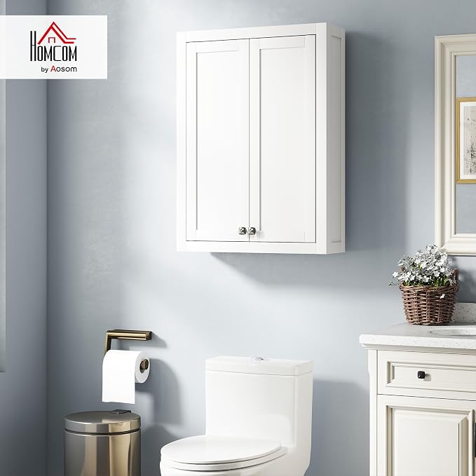 HOMCOM Bathroom Wall Cabinet Modern Medicine Cabinet Wall Mounted White | Over The Toilet Space Saver, 2 Doors, 2 Adjustable Shelves