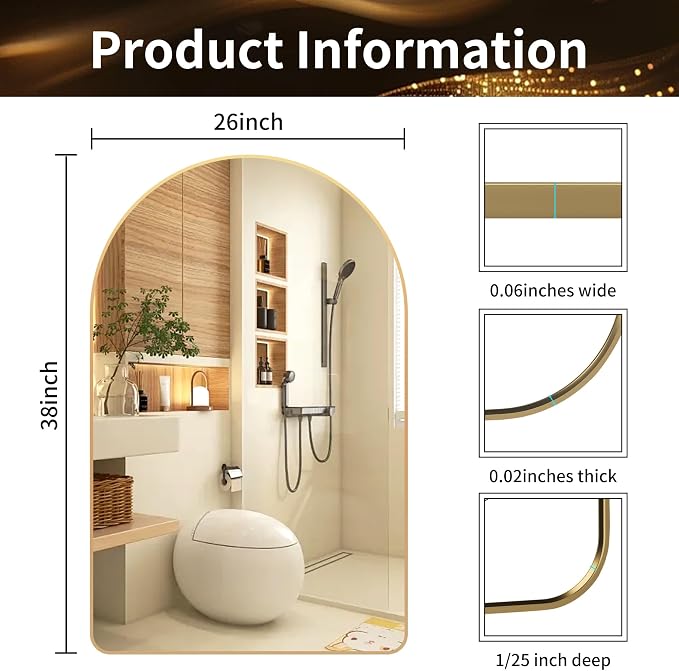 Arched Bathroom Mirror 26"x38", Gold, Tempered Glass | arched bathroom mirror gold wall mounted vanity tempered glass metal frame arch decor bedroom entryway living room