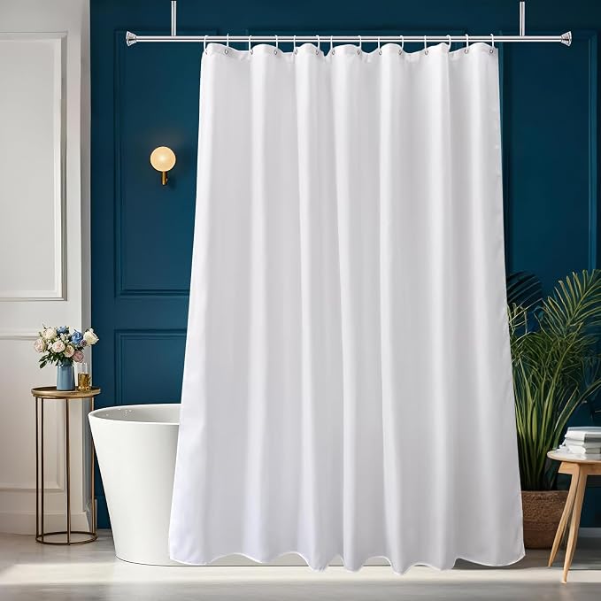 AooHome Fabric 96 inch Extra Long Shower Curtain Liner, Durable Bathroom Curtain for Hotel with Hooks, Waterproof, Solid White, 72 Width x 96 Height inch