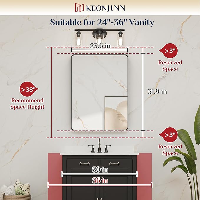 Keonjinn 24 x 32 Inch Brushed Gold Bathroom Vanity Mirror, Tempered Glass | Brass Bathroom Mirrors for over Sink, Anti-Rust Aluminum Frame, Rounded Rectangle, French Cleat Mount, Clear Reflection