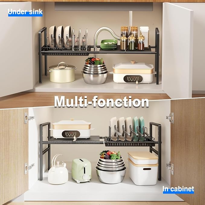 Mustorn Pots and Pans Organizer Under Cabinet, Expandable 1 Tier Under Sink Organizers and Storage Adjustable Height Kitchen Pot and Pan Lid Holder Rack with 6 Dividers Under Cabinet Shelf(Black)