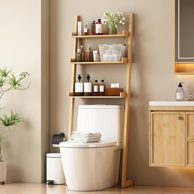 Solid Bamboo Over the Toilet Storage, 3-Tier Freestanding Toilet Shelf | Solid bamboo over toilet bathroom organizer, anti-slip base for stability, space-saving storage for bathroom and balcony