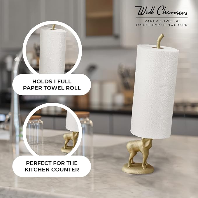 Gold Paper Towel Holder, Metal Toilet or Kitchen Paper Holder for Floor or Countertop, Gold Elephant | 18.6 inch tall gold cast iron hand towel holder for kitchen countertop or bathroom with weighted base, no assembly