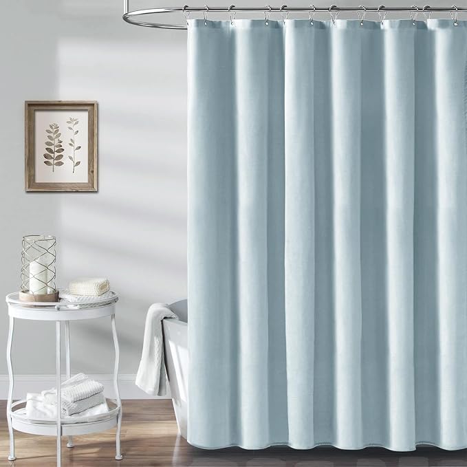 60x72 Linen Textured Waterproof Fabric Shower Curtain Set, Fog Blue | Narrow Size, 230GSM Polyester, Heavy Duty Cloth, Weighted Hem, 10 Plastic Hooks, Modern Luxury Hotel Style, Machine Washable