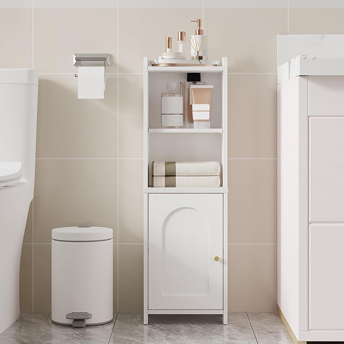 Hzuaneri Bathroom Storage Cabinet, Narrow Toilet Paper Cabinets with Doors | Small Corner Floor Cabinet with Doors and Adjustable Shelf, Bathroom Organizer for Small Spaces, White BC39713X