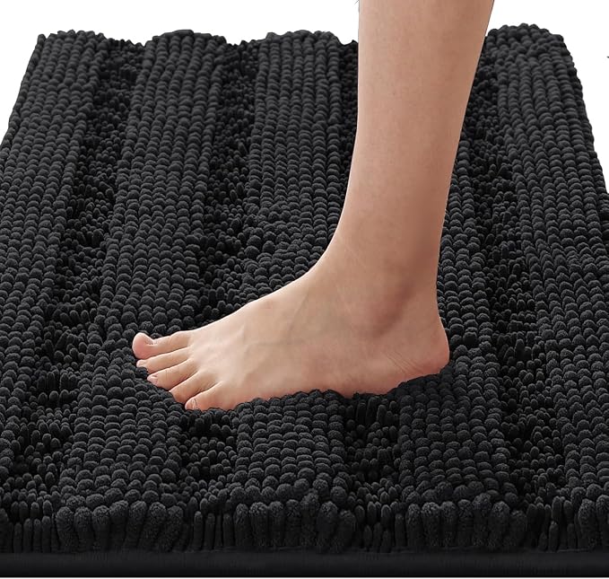 H.VERSAILTEX Bath Rugs for Bathroom Non Slip Bath Mats Extra Thick Chenille Striped Rug 20" x 32" Absorbent Non Skid Fluffy Soft Shaggy Washable Dry Fast Plush Mat for Indoor, Bath Room, Tub - Black