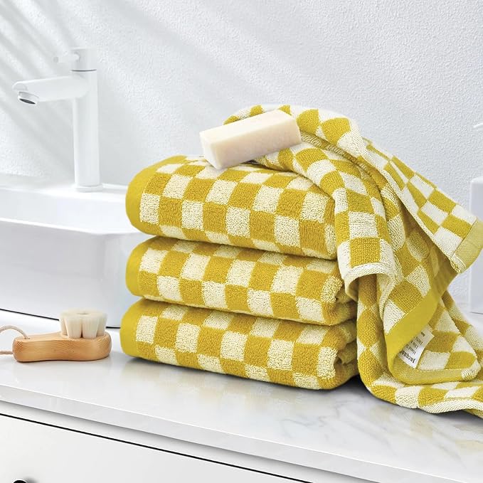 Jacquotha 4 Pcs Hand Towels for Bathroom Checkered, Yellow | Cotton Soft Absorbent Cute Checkered Bathroom Towel, Fall Decor, 13 x 29 Inches