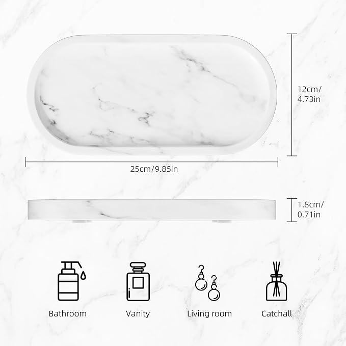 Decorative Trays with Natural Patterns,9.8x4.7x0.7in,Carrara White | Pure Marble Vanity Tray with Anti Slip Foot Pads, Polishing Pallet,Elliptical Stone Bathroom Organizer,Platter for jewelry
