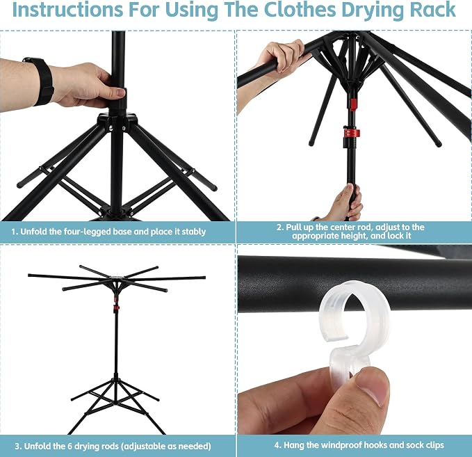 Foldable Clothes Drying Rack, 6 Rod Umbrella Style Height Adjustable Carbon Steel Laundry Stand with 40 Windproof Hooks, Collapsible Space Saving Tripod Garment Dryer for Indoor Backyard Outdoor
