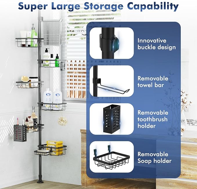 Shower Caddy Organizer Tension Pole, Corner Shower Shelves Bathroom Storage | 6 Tier Shelf, Rustproof 30-120’’ Adjustable, Towel Bar&Soap Dish for Bathroom Organizers, Shower Rack for Inside Shower,Black