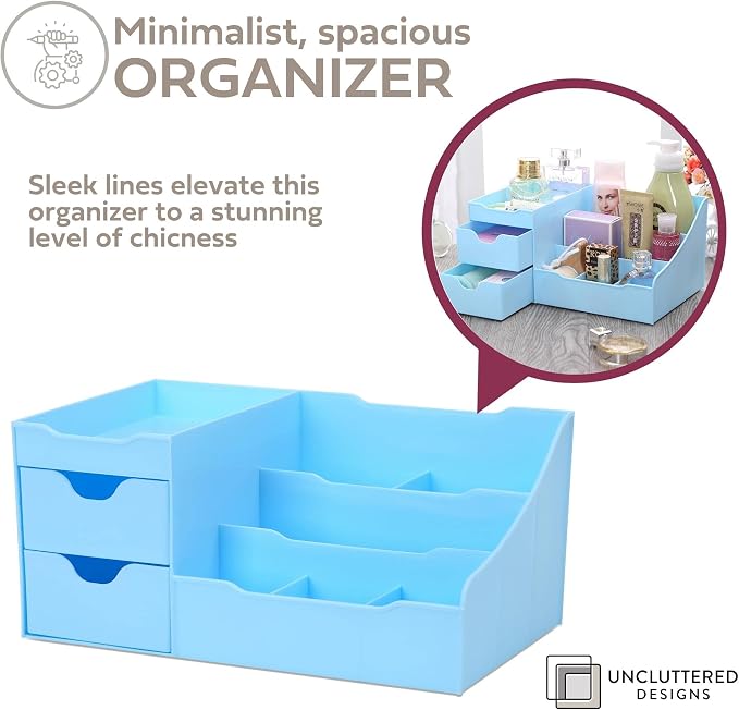 Makeup Organizer With Drawers - Modern Countertop Storage for Cosmetics - Chic Vanity Holder for Cologne, Skincare, Brush, Lipstick, Nail Polish Organization & Display (Blue)