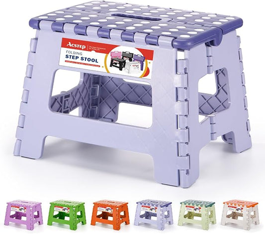 Folding Step Stool 9 Inch for Kids, 300 lbs, Bicolor Purple | Lightweight Plastic Small Foldable Step Stool with Handle, Non-Slip, for Kitchen, Bathroom, Bedroom and Closet
