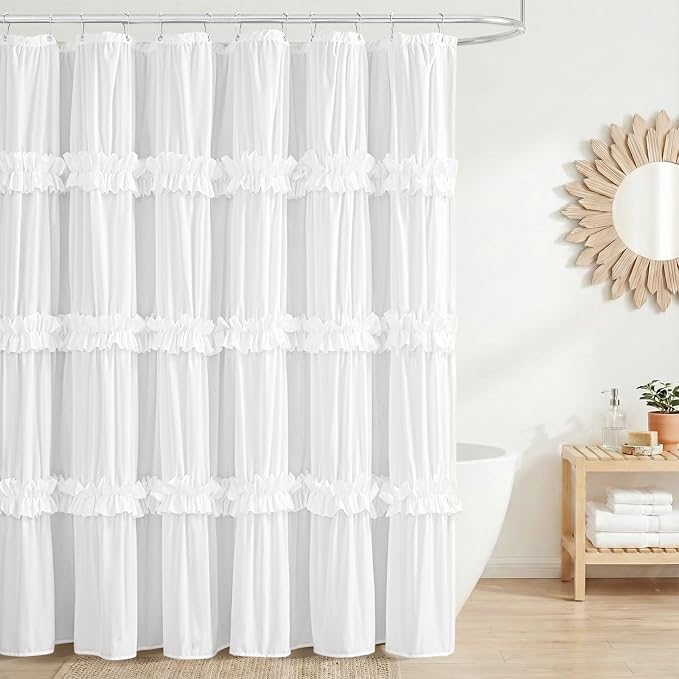 LIPA Boho Shower Curtain Rustic Ruffle Shower Curtain with Ruched & Bow Vintage Farmhouse Shower Curtains for Bathroom Bohemian Bathroom Decor(White,72x72 Inches)