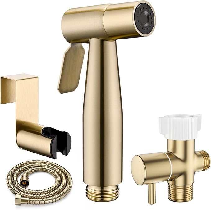 Bidet Sprayer for Toilet, Adjustable Pressure, Gold | Leak-Free Hose, Tank or Wall Mount, Feminine Wash, Cloth Diaper Rinse, Stainless Steel Body, Nozzle, Soft Silicone Nozzle