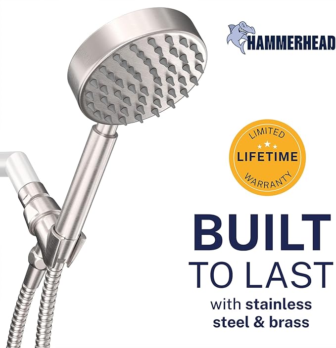 HammerHead Showers® Solid Metal Handheld Shower Head with Hose and Brass Holder - BRUSHED NICKEL - 2.5 GPM High Pressure Shower Heads with Adjustable Shower Wand Bracket - 6ft Flexible Extension