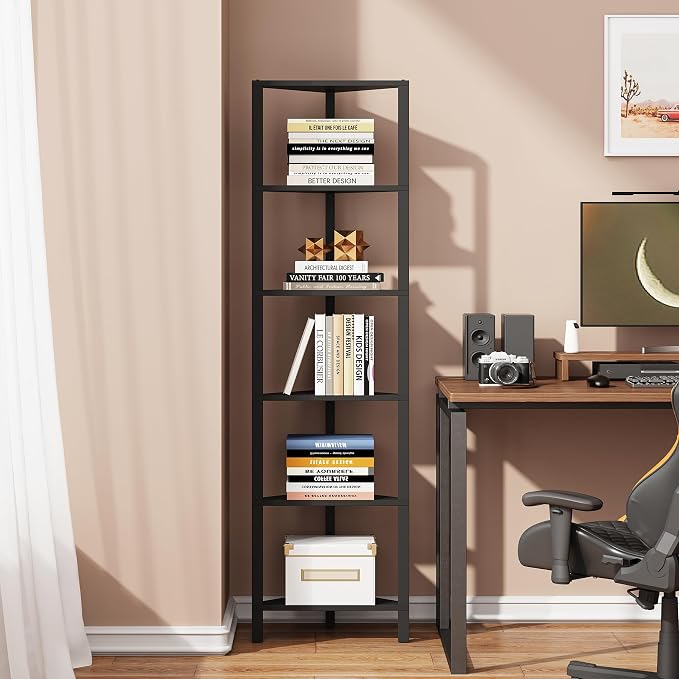 TUTOTAK Corner Shelf, 6-Tier Corner Bookshelf for Small Space | Narrow Display Corner Shelf Stand with Storage Rack, for Living Room, Bedroom, Black BS05BK006