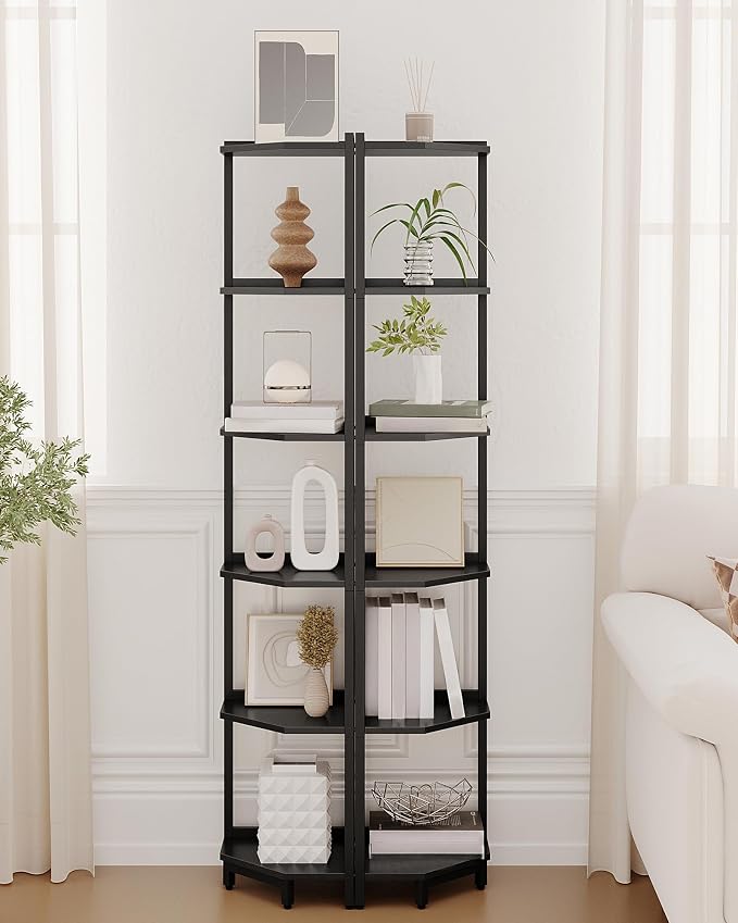 Hzuaneri Corner Shelf Stand 6-Tier Corner Bookshelf Storage Standing Shelf | Bookcase Plant Stand with Metal Frame for Living Room, Home Office, Bedroom, Black CS06006B