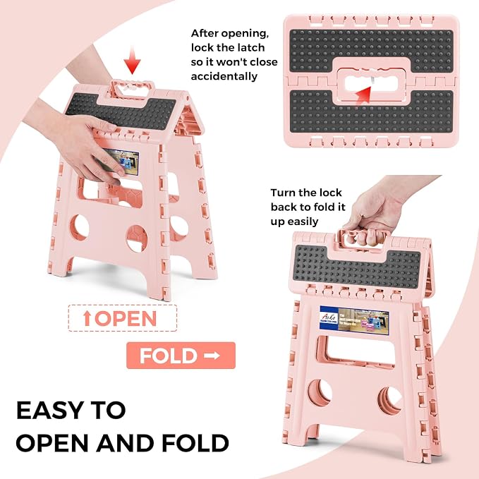 ACKO 13" Folding Step Stool, Non-Slip Surface for Adults & Kids, Dot Pink | Collapsible Heavy Duty Foldable Stools, Portable Foot Stepping Stool Holds 300 lbs, Kitchen Bathroom Outdoor, Built-in Handle