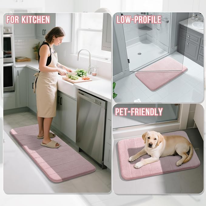 Yimobra Memory Foam Bath Mat Set 3 Pieces- Super Soft Absorbent Quick Dry Bathroom Rug Sets, Machine Washable Non Slip Floor Carpet for Tub Shower, Vanity & Toilet Base, Pink