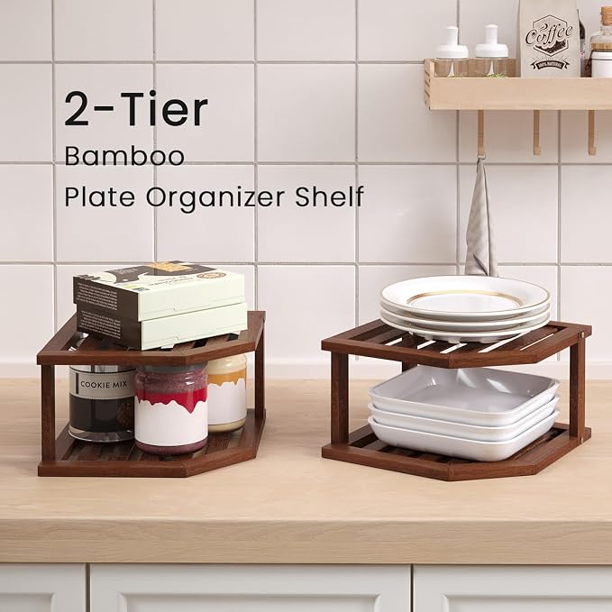 VERTORGAN 2 Tier Bamboo Dish Drying Rack,Corner Shelf 2 Pack(Brown) | Pantry Storage,Dish Rack,Spice Rack,Corner Organizer,Kitchen Counter Shelves,Kitchen Storage,Holds Plates