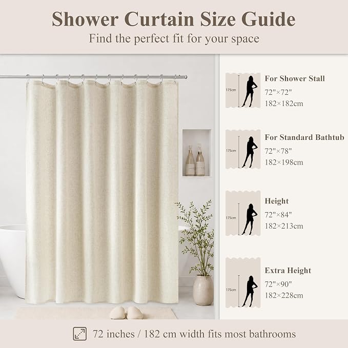 Jowels Natural Linen Fabric Shower Curtains for Bathroom, 48x72 | Stall Size, Cream Linen Shower Curtains Set, Waterproof Washable Weighted Textile, Metal Hooks, Hotel Boho Farmhouse Decor
