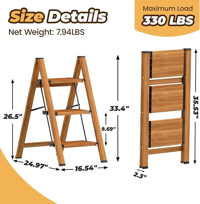 HBTower 3 Step Ladder, Lightweight Aluminum Folding Step Stool | Anti-Slip Wide Pedal, 330lbs Capacity Step Ladder for Household Kitchen Office, Woodgrain