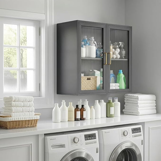 Bathroom Wall Cabinet with Acrylic Glass Doors, Kitchen Wall Cabinets with Adjustable Shelf, 24” Laundry Room Wall Mounted Cabinet, Bathroom Wall Cabinet with Light(Black)