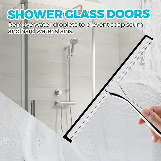 2pcs Shower Squeegee for Glass Doors with Adhesive Hanging Hook Set | 10” silver, bathroom accessories, window cleaner, new home essentials, soft rubber blade, metal handle, ergonomic grip