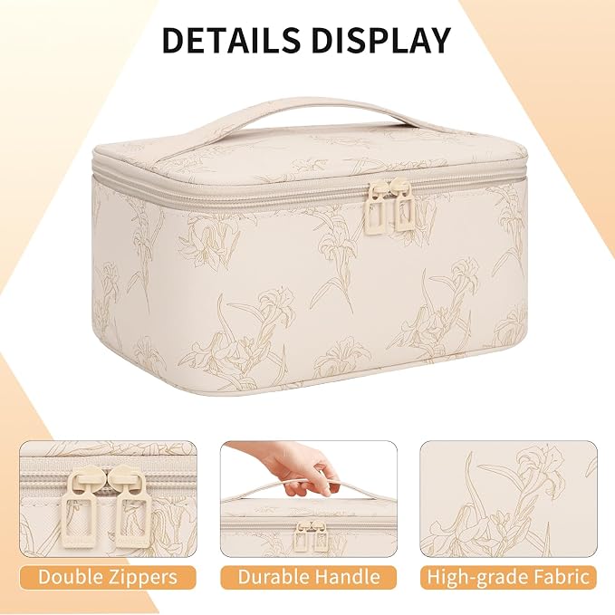 Makeup Bag for Women - Travel Cosmetic Organizer with Brush Slot & Divider, Large Capacity Toiletry Bag for Girls, Travel Makeup Case for everyday Make up Accessories -Beige floral