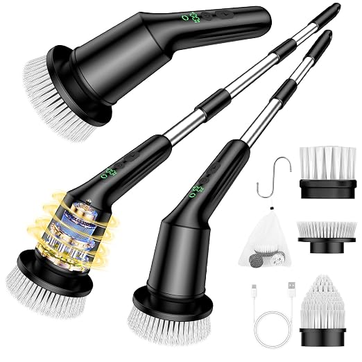 Electric Spin Scrubber for Bathroom, Shower Scrubber with Long Handle | Shower Cleaner Brushes, IPX7 Waterproof & 2 Speed, 3 Brush Heads, 90min Runtime, Bathroom Cleaning Supplies for Toilet Tub
