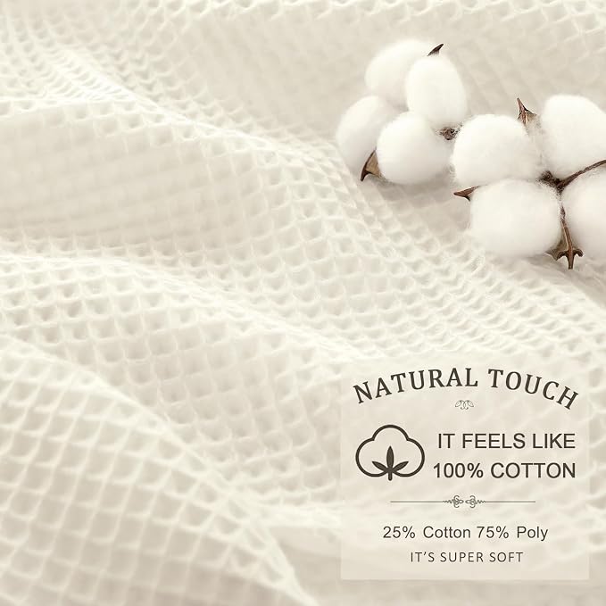 Long Waffle Weave Shower Curtain Heavyweight Cotton Fabric Ivory 72Wx78L | Soft Cotton Cloth,3D Square Truely Waffle,Washable, Hotel Luxury Spa, Shower Curtains for Narrow Bathroom 12 Plastic Hooks