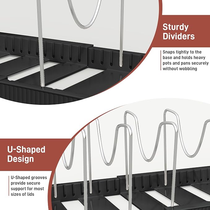 Expandable Pan Organizers Inside Cabinet with 12 Dividers Black | Extends 12.9-21.9", Holds cookie sheets, cutting boards, pot lids and pans, iron dividers, plastic base, under cabinet rack