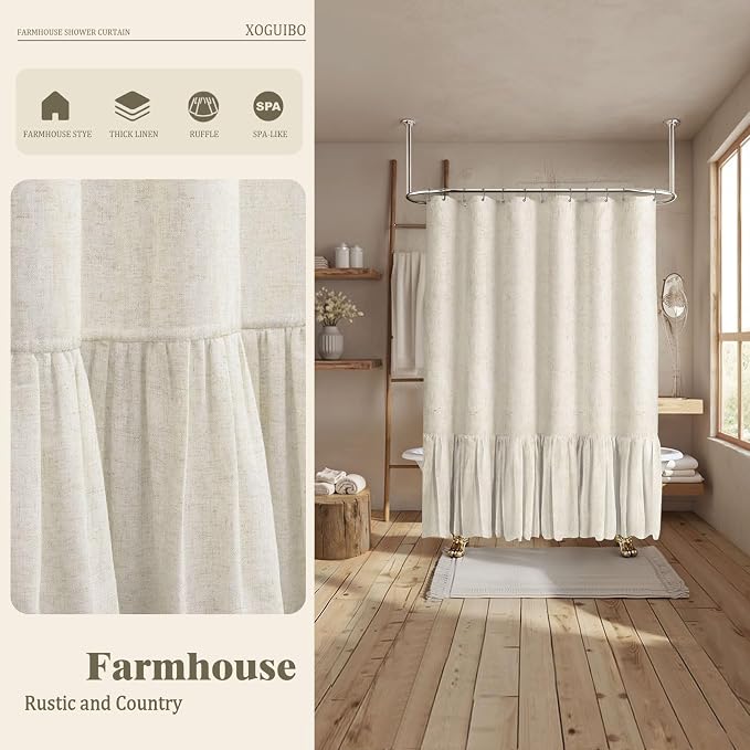 Farmhouse Shower Curtain Ruffle Linen Cream 72" W x 72" L | Linen Fabric, Farmhouse Boho, Bottom Ruffle, Rustic, Country, Natural Look, Washable, Shower Curtain for Bathroom Bathtub