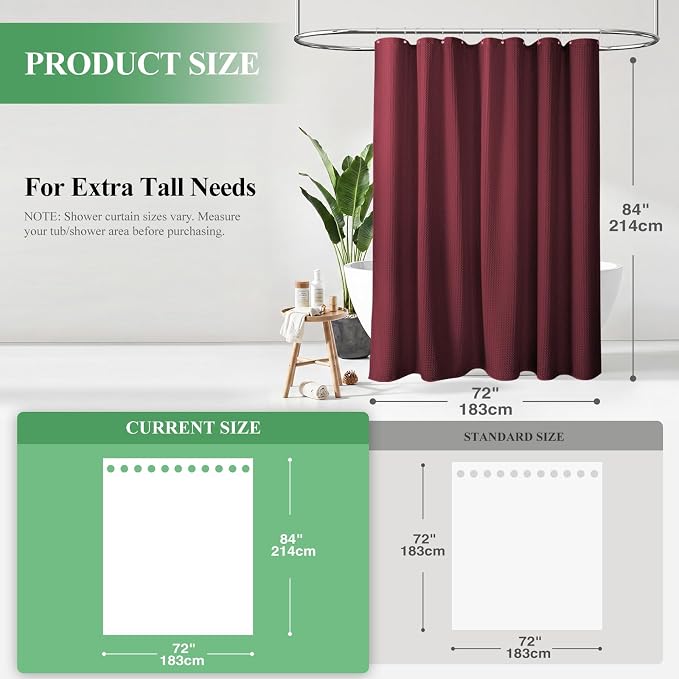 Extra Long Waffle Shower Curtain 256 GSM Fabric 72"x84" Burgundy | 84 Inch Long, Thick Polyester Cloth, Weighted Hem, Water Repellent, Washable, Tall Hotel Bathroom Shower Curtain Set 12 Hooks