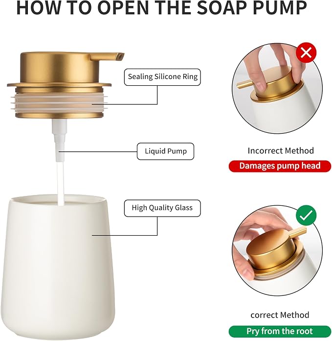 Enra White Ceramic Soap Dispenser, Lotion Dispenser with Gold Pump | 12oz Wide-Mouth Refill Design With Durable Ceramic Body. Elegant Accent for Countertops, Kitchens,and Modern Home Decor.
